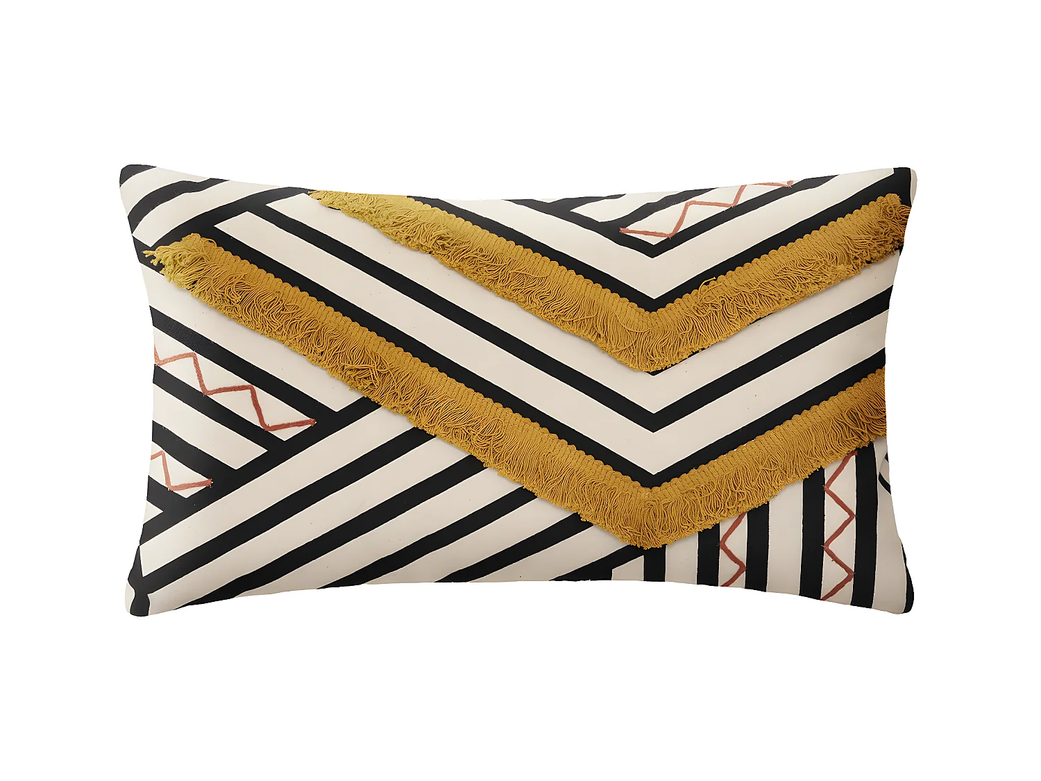 Housse de coussin en Coton Ivoire Noir et Ocre avec broderie et franges 30 x 50 cm