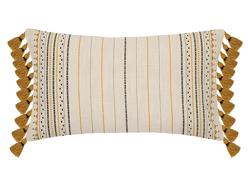 Housse de coussin en Coton Ivoire et Ocre à rayures avec pompons 30 x 50 cm