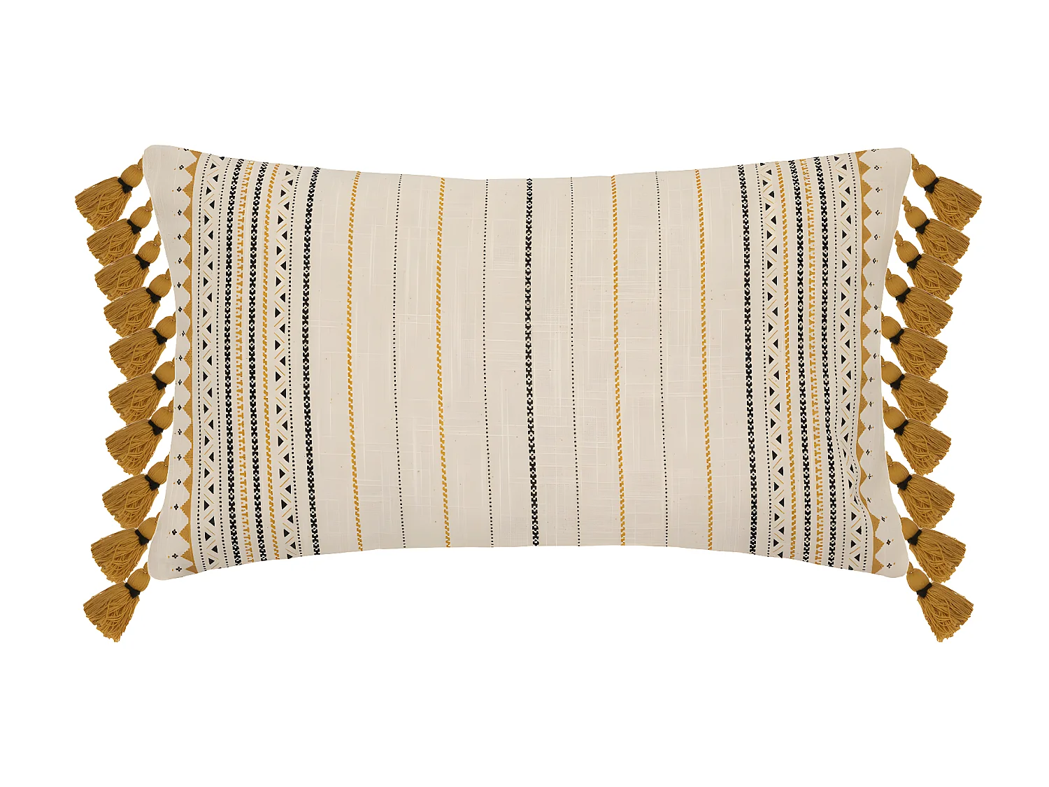 Housse de coussin en Coton Ivoire et Ocre à rayures avec pompons 30 x 50 cm