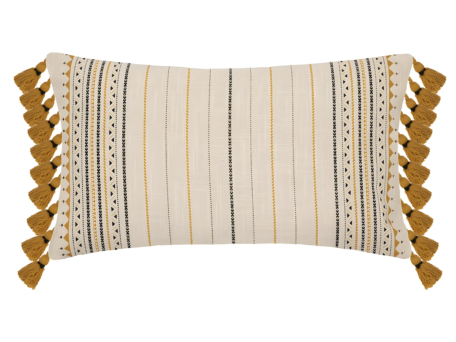 Housse de coussin en Coton Ivoire et Ocre à rayures avec pompons 30 x 50 cm