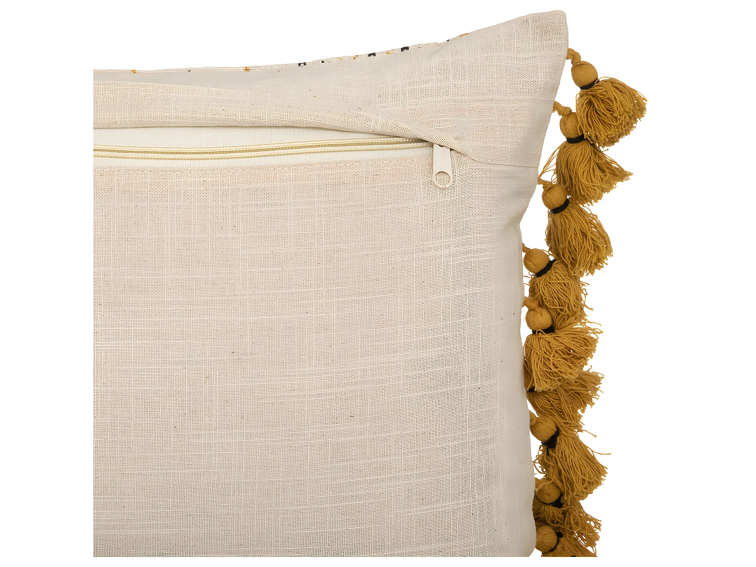 Housse de coussin en Coton Ivoire et Ocre à rayures avec pompons 30 x 50 cm