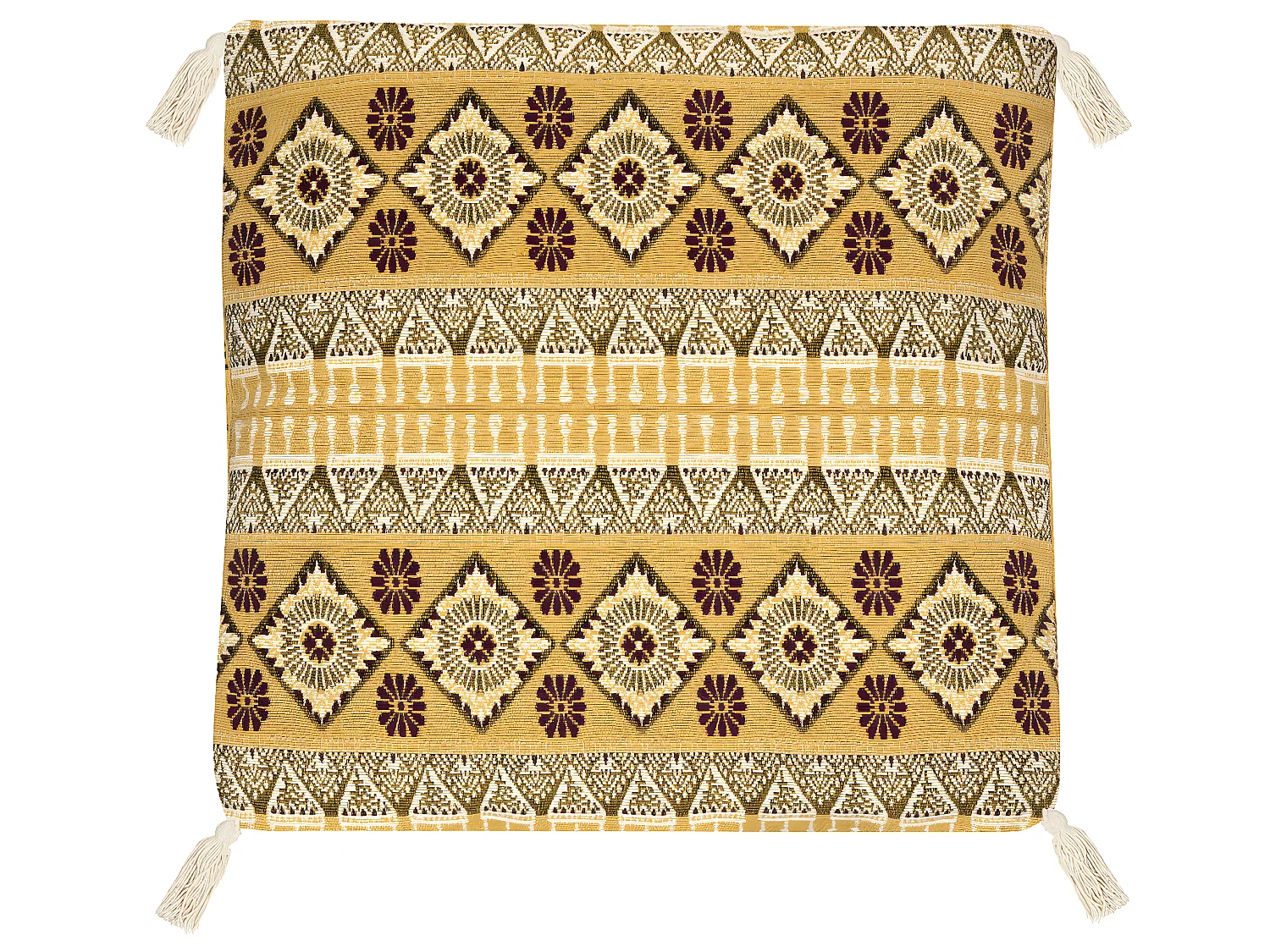 Coussin de Sol Jacquard Jaune Ocre avec Pompons 48 x 48 cm