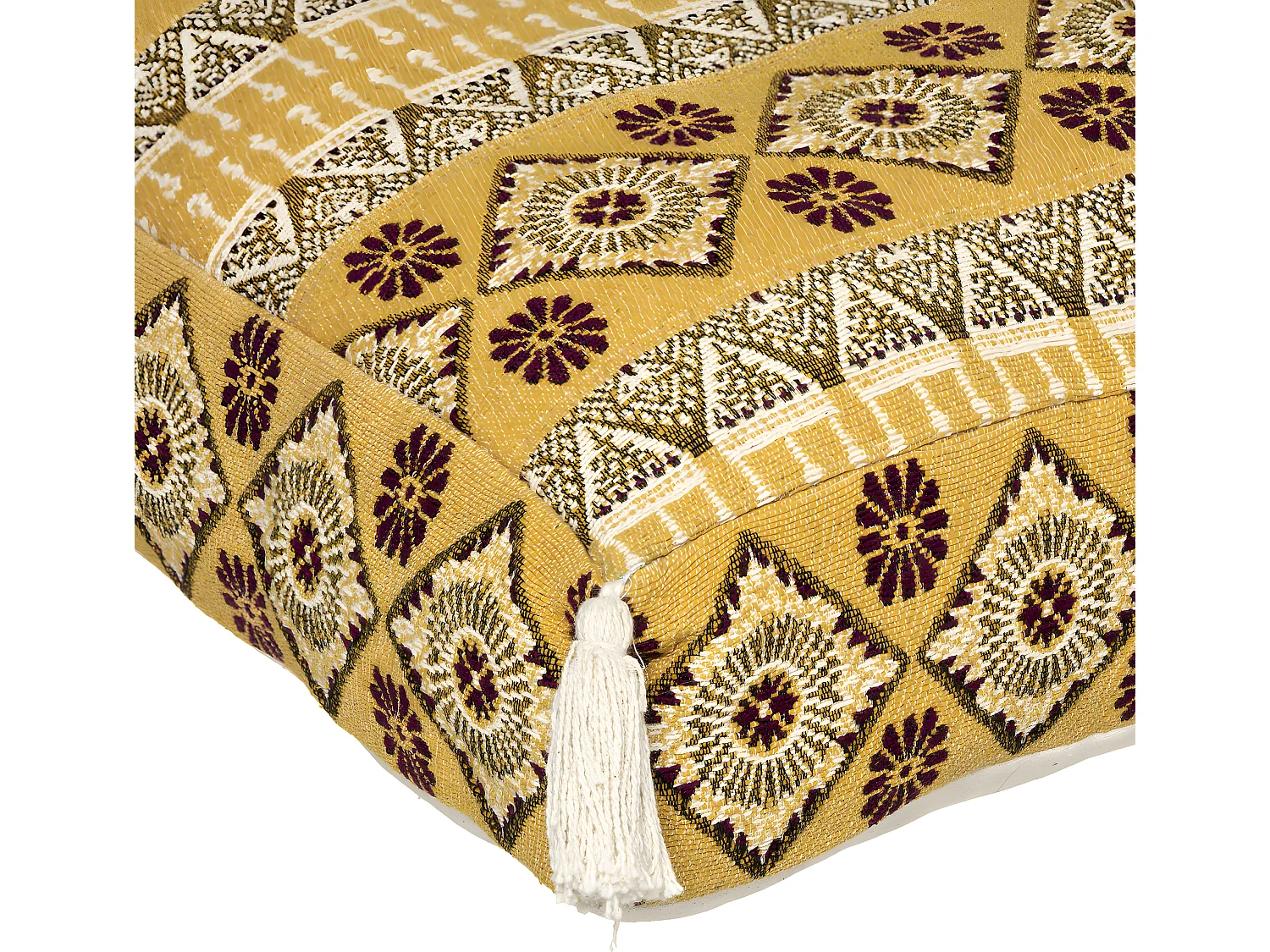 Coussin de Sol Jacquard Jaune Ocre avec Pompons 48 x 48 cm