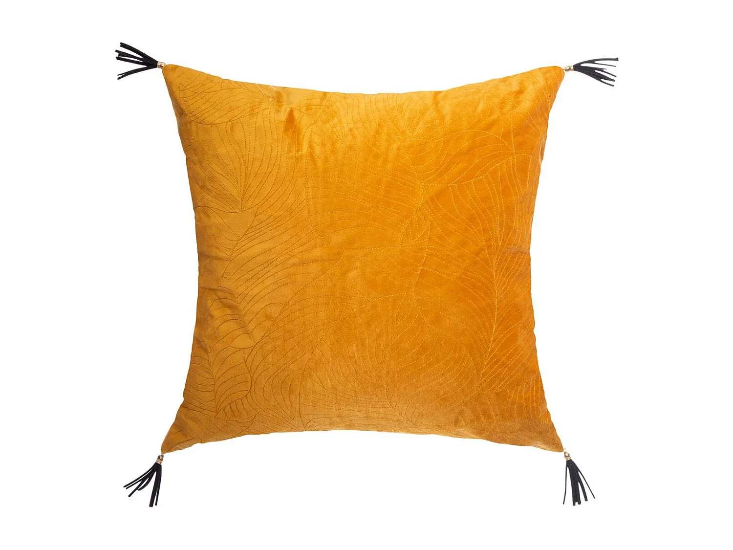 Coussin déhoussable en Velours Ocre avec broderie et pompons 40 x 40 cm