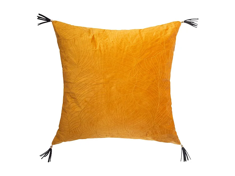Coussin déhoussable en Velours Ocre avec broderie et pompons 40 x 40 cm