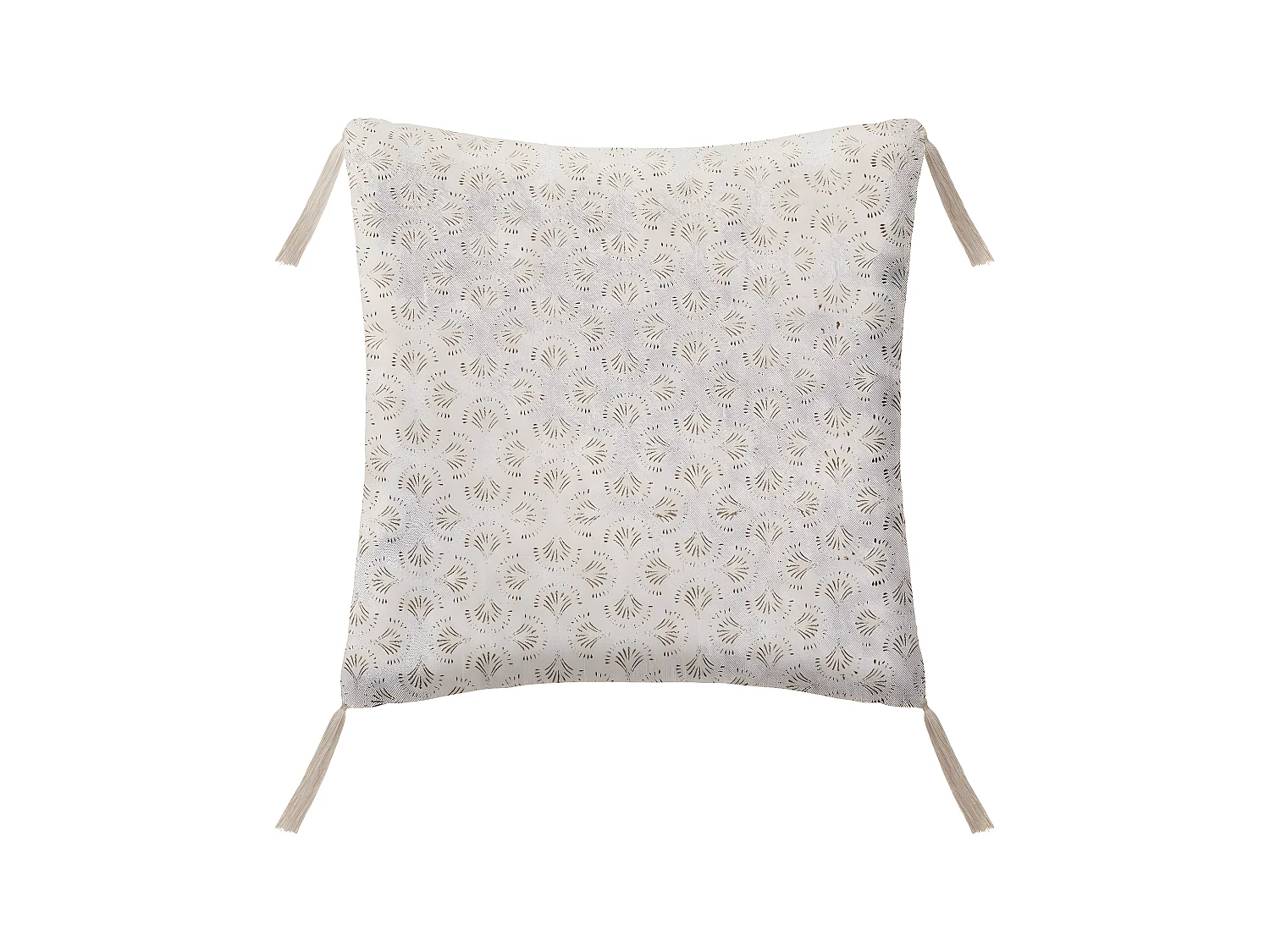 Coussin en Lin Beige imprimé Art déco avec pompons 40 x 40 cm