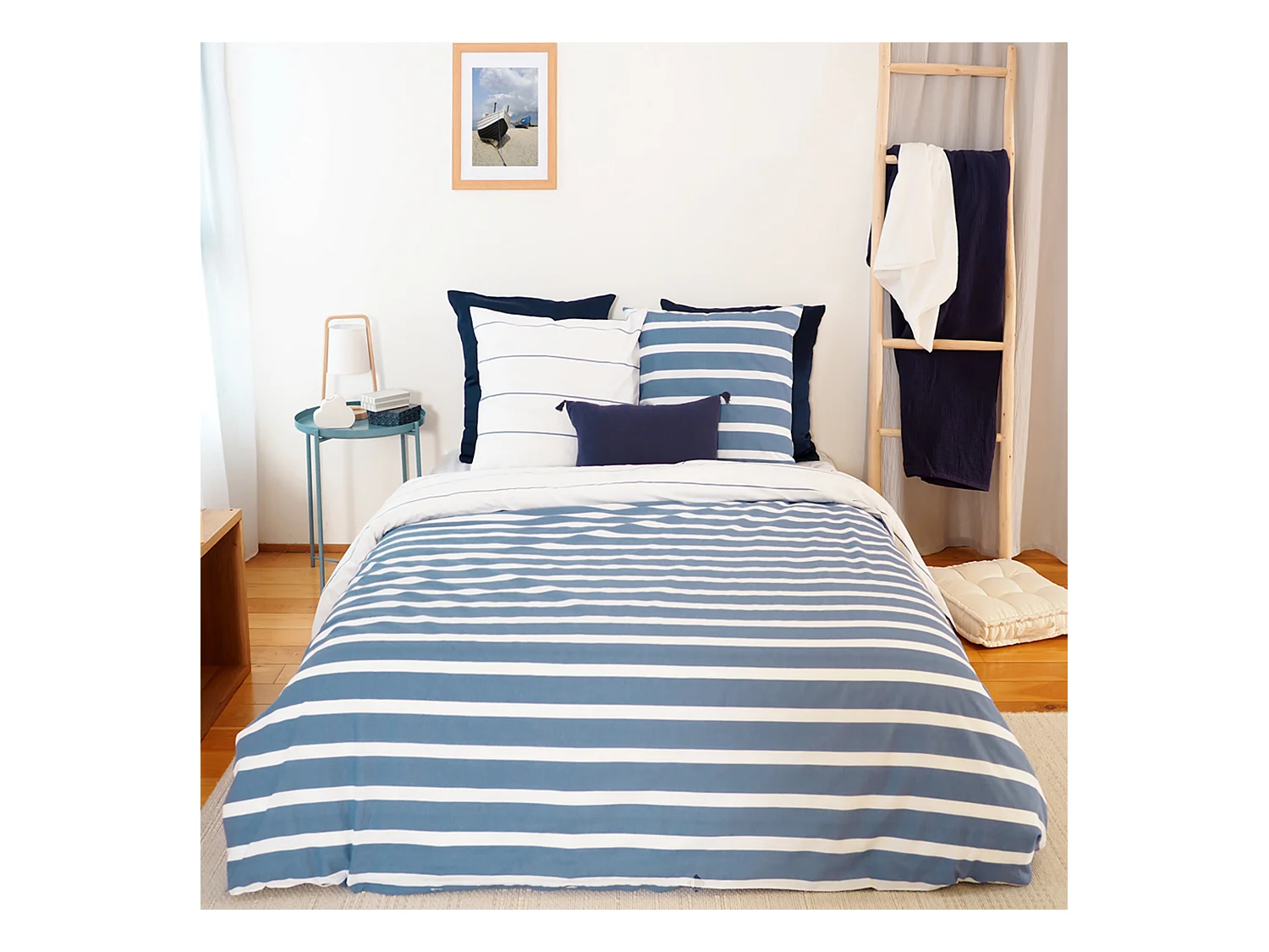 Parure de lit 260x240 cm coton BCI adouci STRIPES Bleu 3 pièces