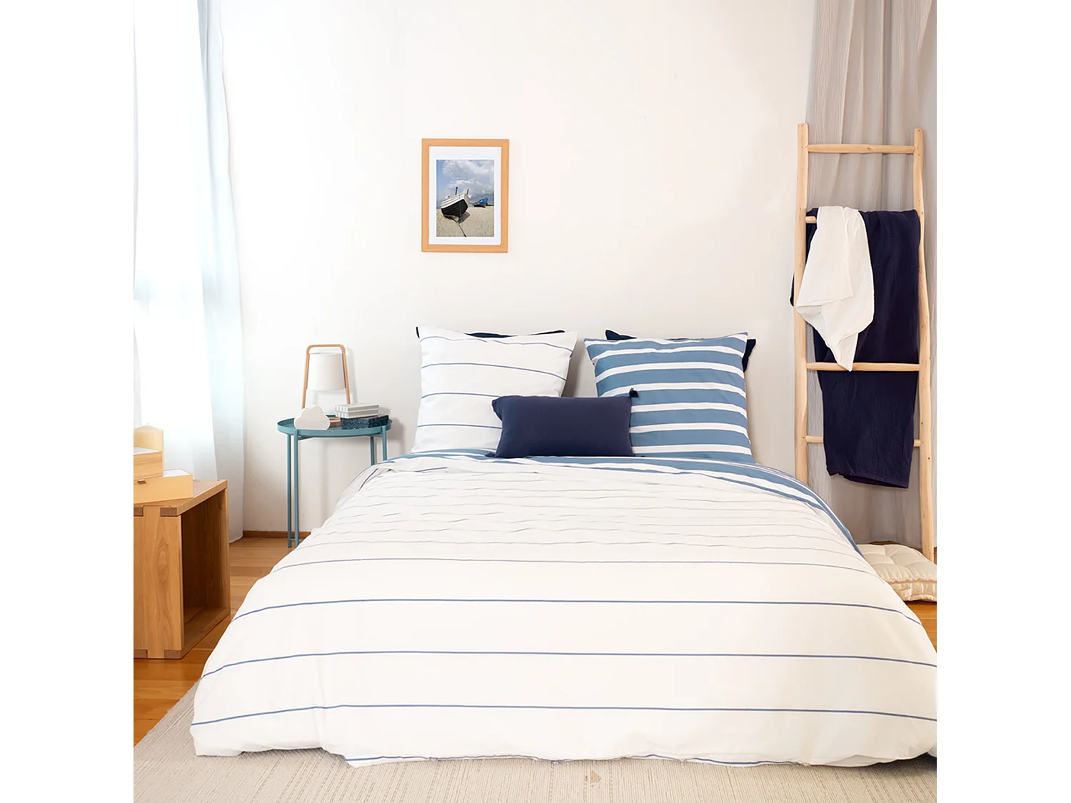 Parure de lit 260x240 cm coton BCI adouci STRIPES Bleu 3 pièces