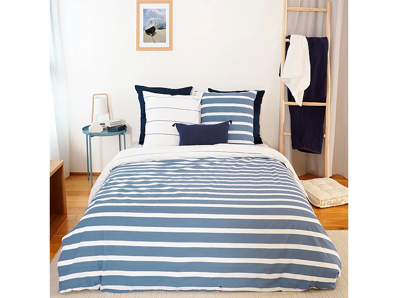 Parure de lit 260x240 cm coton BCI adouci STRIPES Bleu 3 pièces