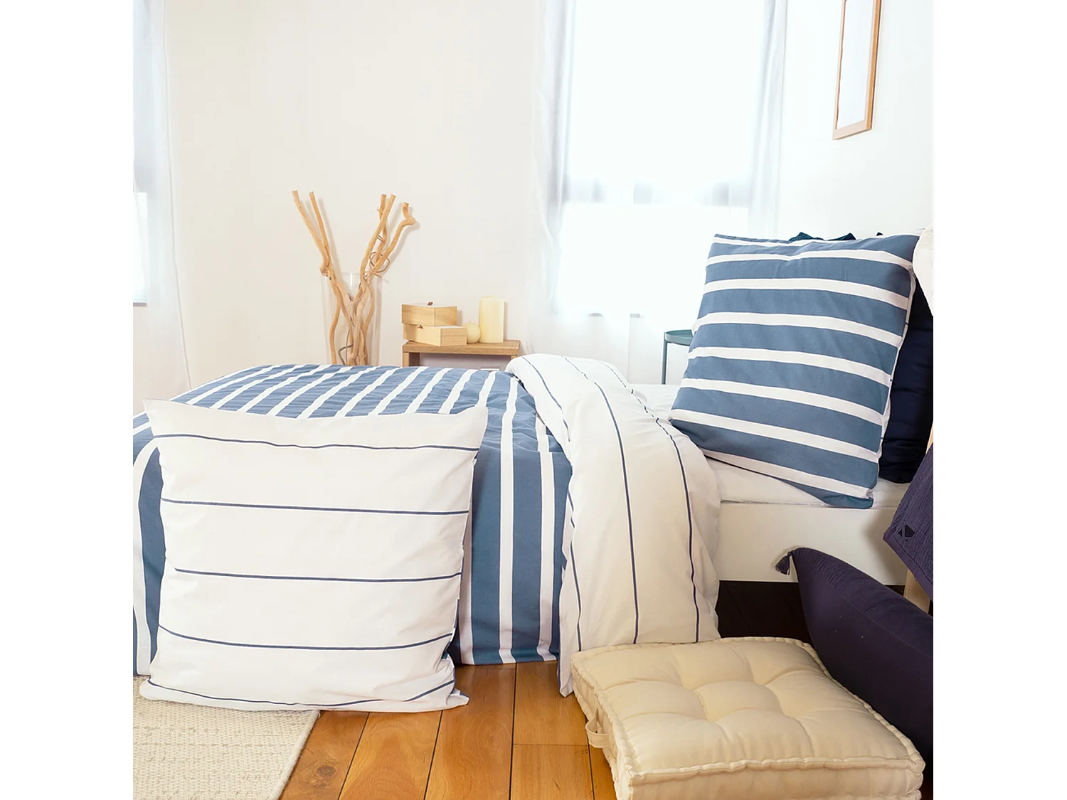 Parure de lit 240x220 cm coton BCI adouci STRIPES Bleu 3 pièces