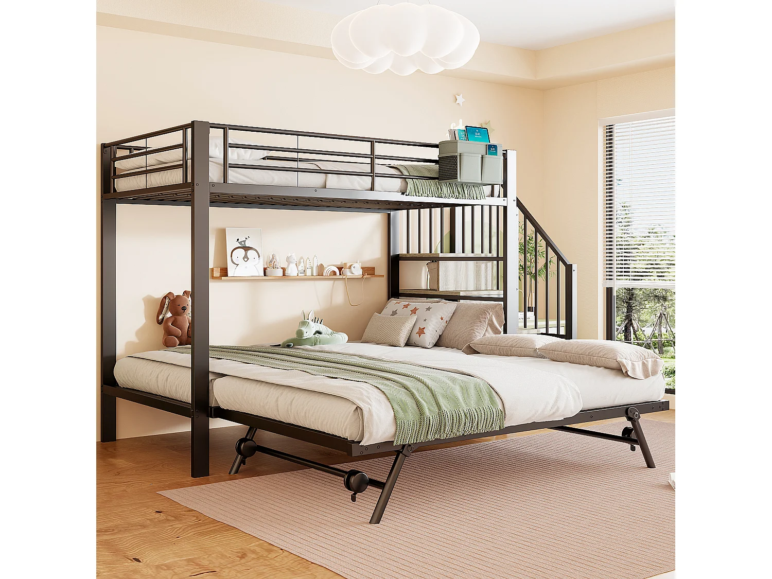 Lit superposé enfant - 90 x 200 cm + 90(180) x 200 cm - structure en fer - lit gigogne - escalier de rangement - métal - noir