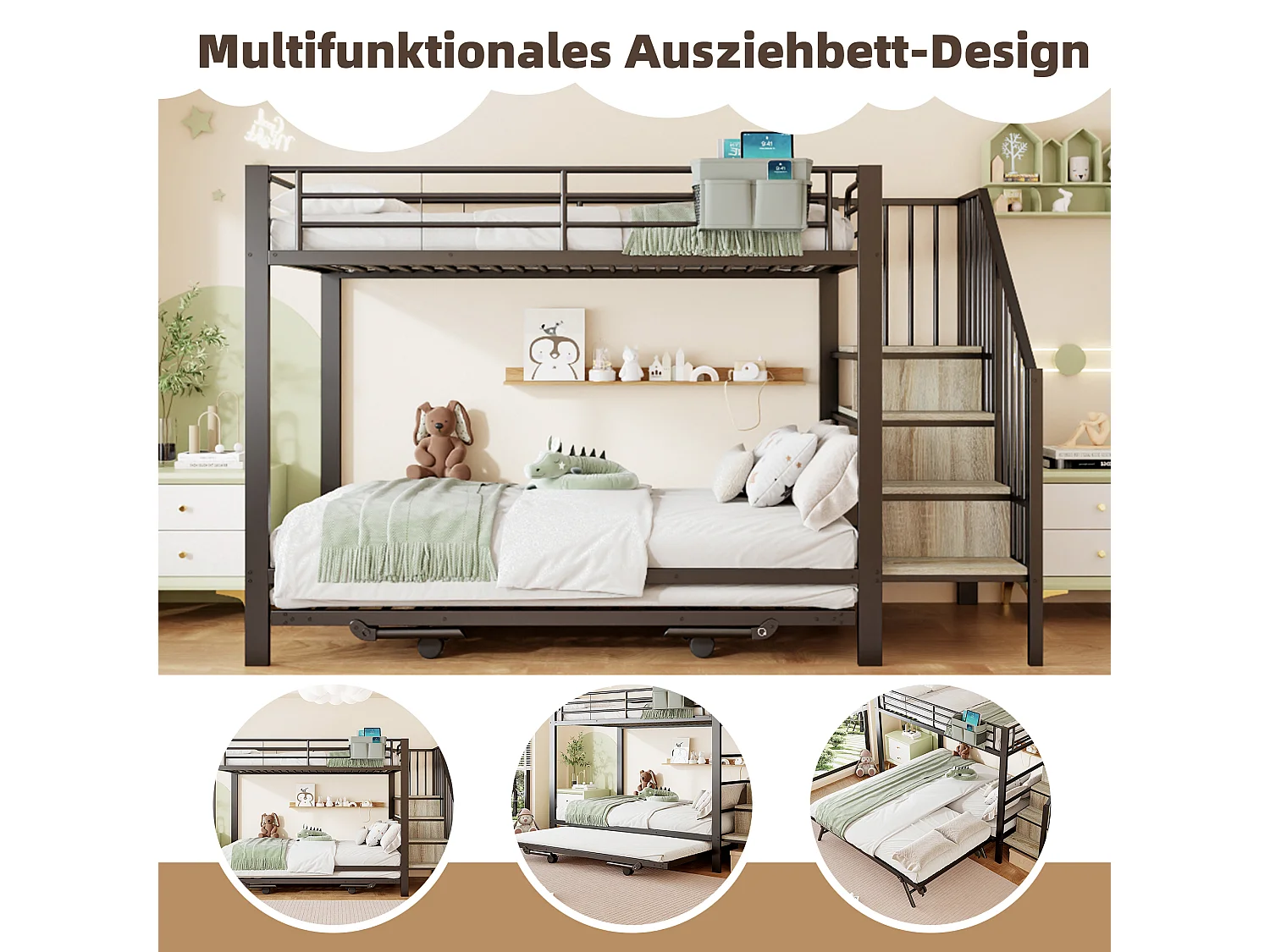 Lit superposé enfant - 90 x 200 cm + 90(180) x 200 cm - structure en fer - lit gigogne - escalier de rangement - métal - noir