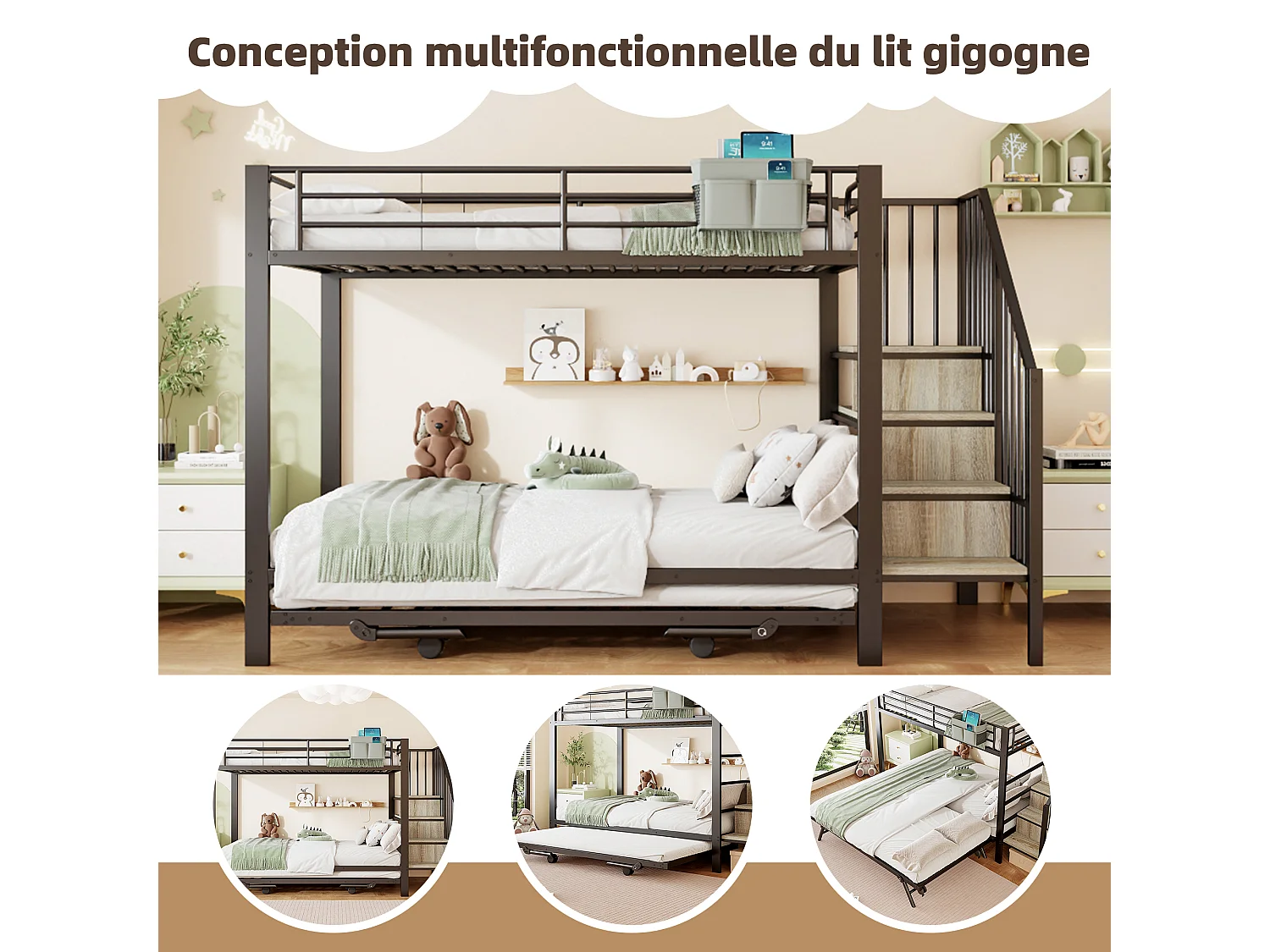 Lit superposé enfant - 90 x 200 cm + 90(180) x 200 cm - structure en fer - lit gigogne - escalier de rangement - métal - noir