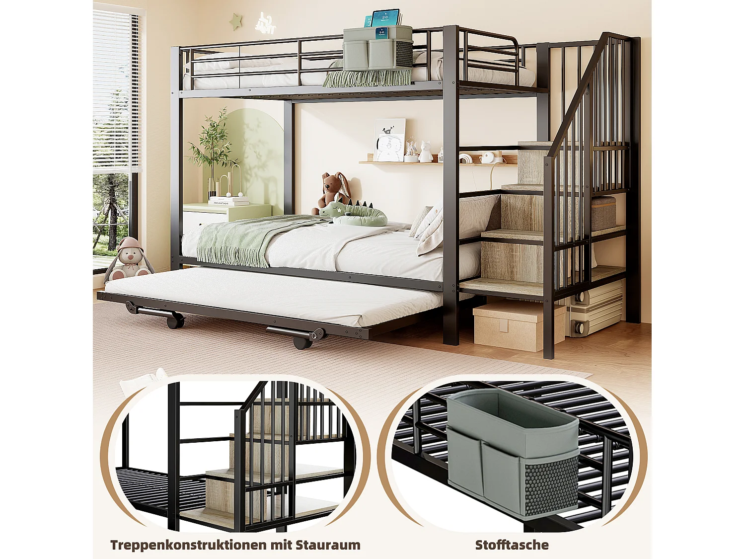 Lit superposé enfant - 90 x 200 cm + 90(180) x 200 cm - structure en fer - lit gigogne - escalier de rangement - métal - noir