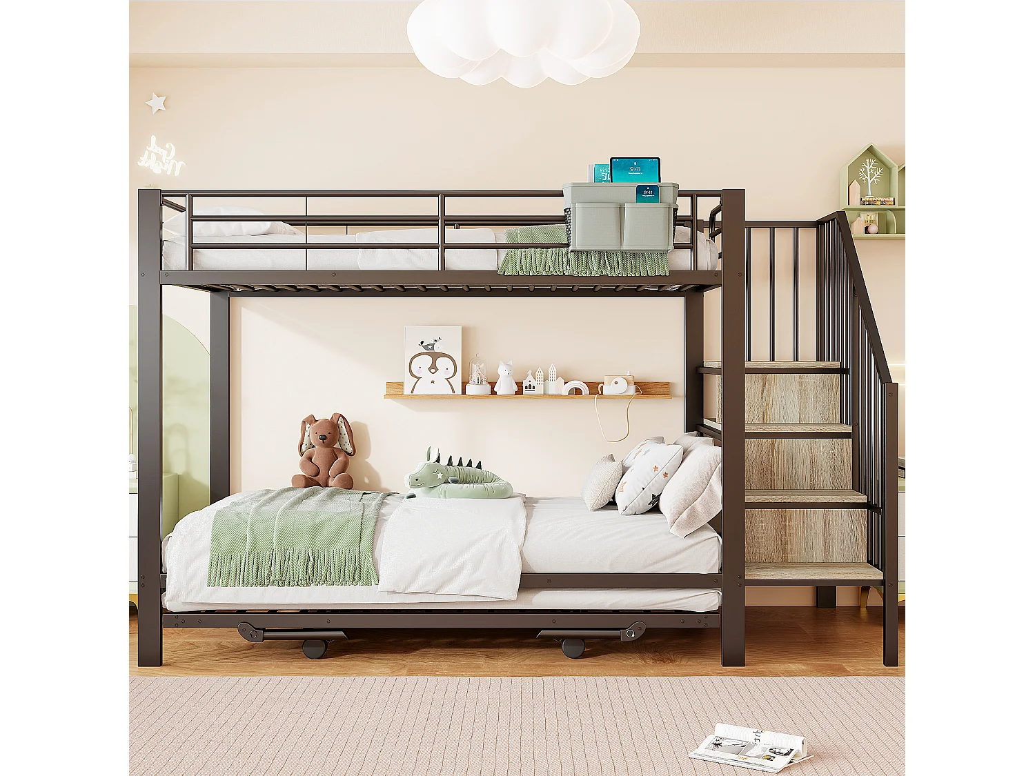 Lit superposé enfant - 90 x 200 cm + 90(180) x 200 cm - structure en fer - lit gigogne - escalier de rangement - métal - noir