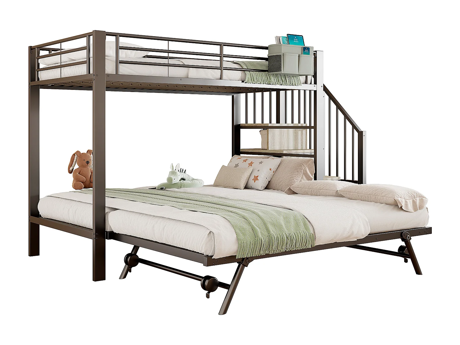 Lit superposé enfant - 90 x 200 cm + 90(180) x 200 cm - structure en fer - lit gigogne - escalier de rangement - métal - noir