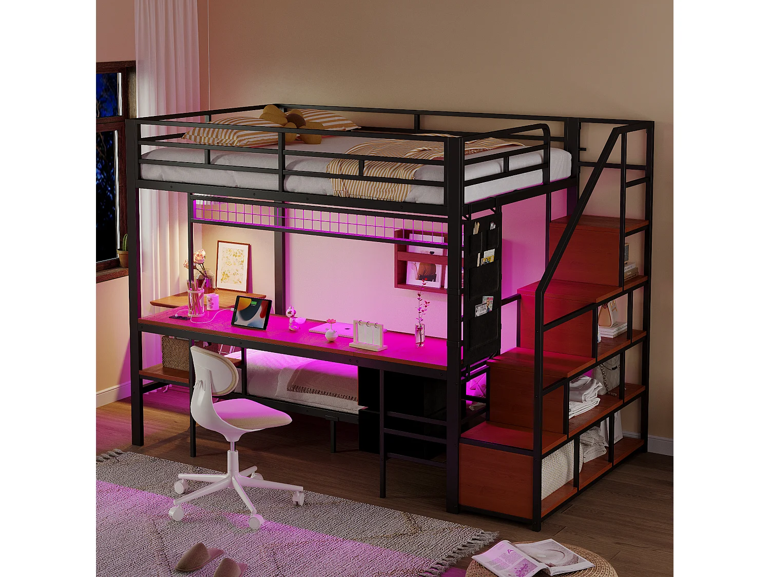 Lit superposés en métal enfant - 140 x 200 cm + 90 x 200 cm - avec bureau + Leds + escalier de rangement - bois + Métal - noir