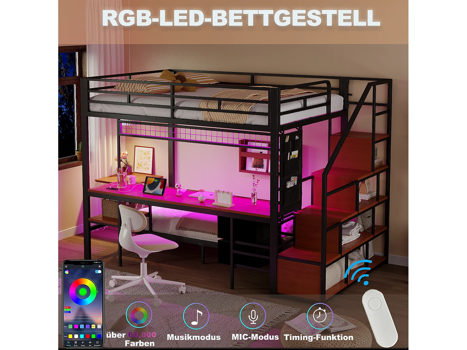 Lit superposés en métal enfant - 140 x 200 cm + 90 x 200 cm - avec bureau + Leds + escalier de rangement - bois + Métal - noir