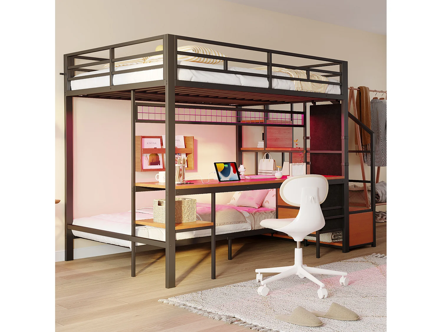 Lit superposés en métal enfant - 140 x 200 cm + 90 x 200 cm - avec bureau + Leds + escalier de rangement - bois + Métal - noir