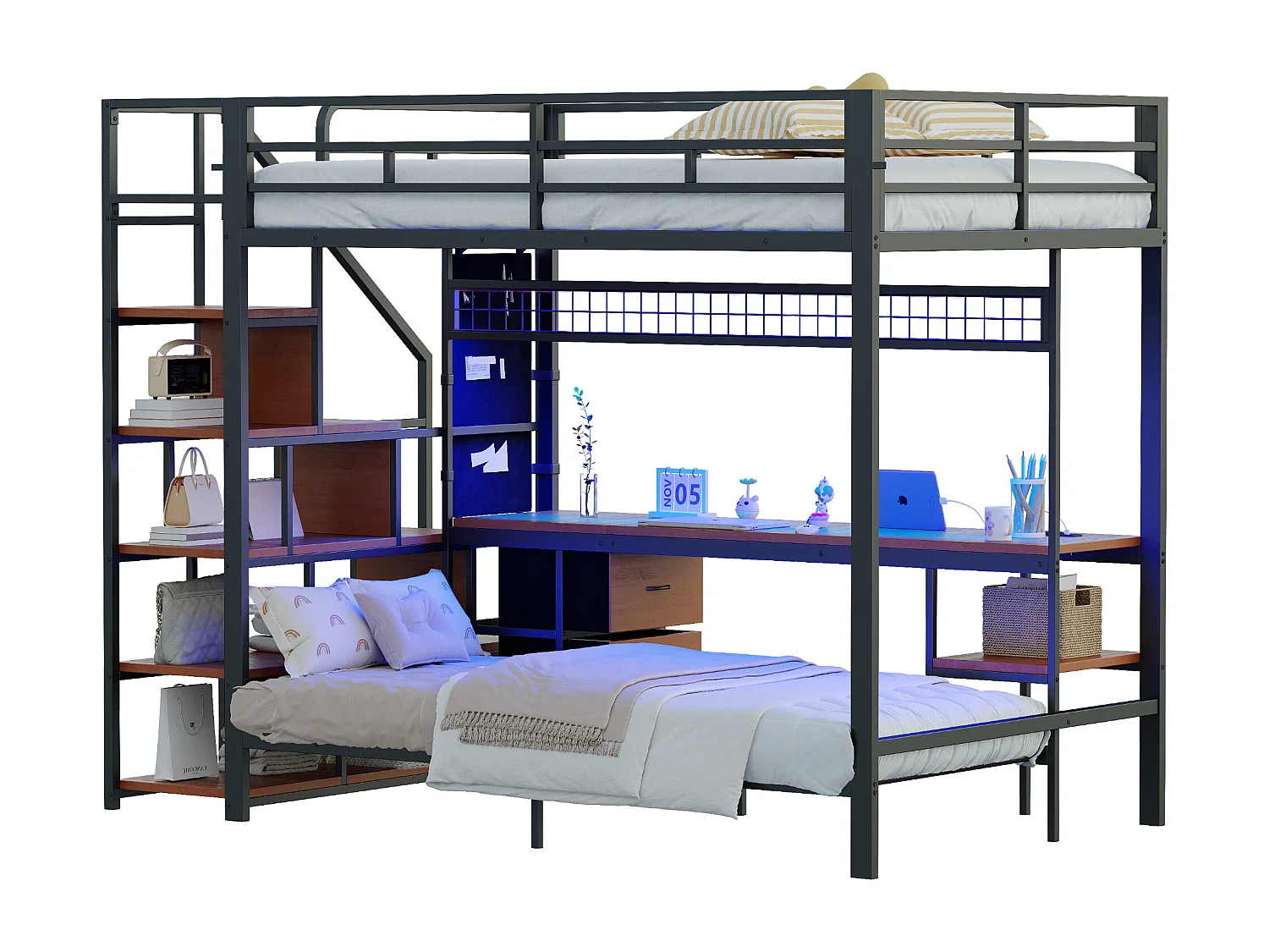 Lit superposés en métal enfant - 140 x 200 cm + 90 x 200 cm - avec bureau + Leds + escalier de rangement - bois + Métal - noir