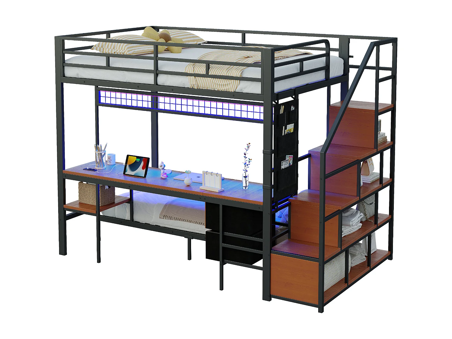 Lit superposés en métal enfant - 140 x 200 cm + 90 x 200 cm - avec bureau + Leds + escalier de rangement - bois + Métal - noir