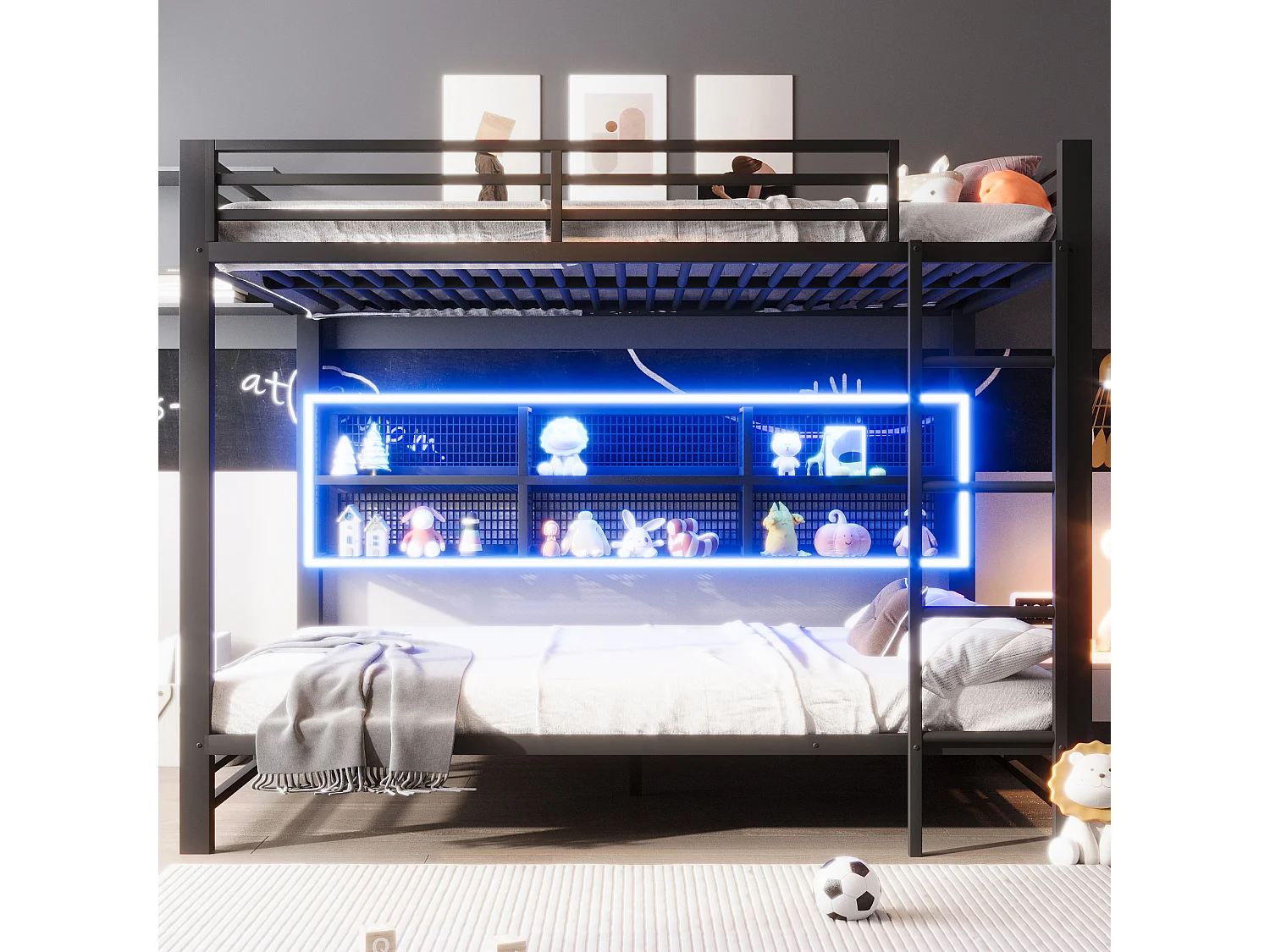 Lit superposés pour enfant - 2 x 140 x 200 cm - avec étagère de rangements + Leds - métal - noir