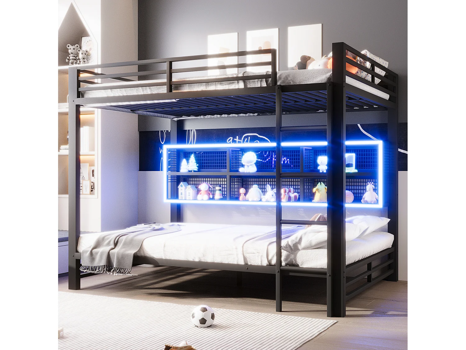 Lit superposés pour enfant - 2 x 140 x 200 cm - avec étagère de rangements + Leds - métal - noir