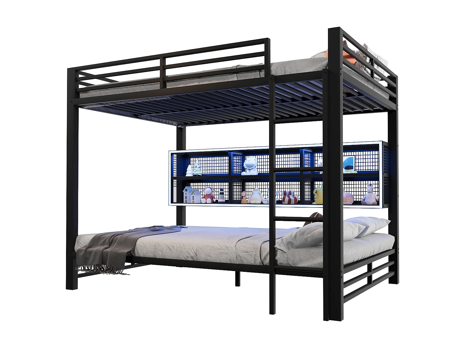 Lit superposés pour enfant - 2 x 140 x 200 cm - avec étagère de rangements + Leds - métal - noir