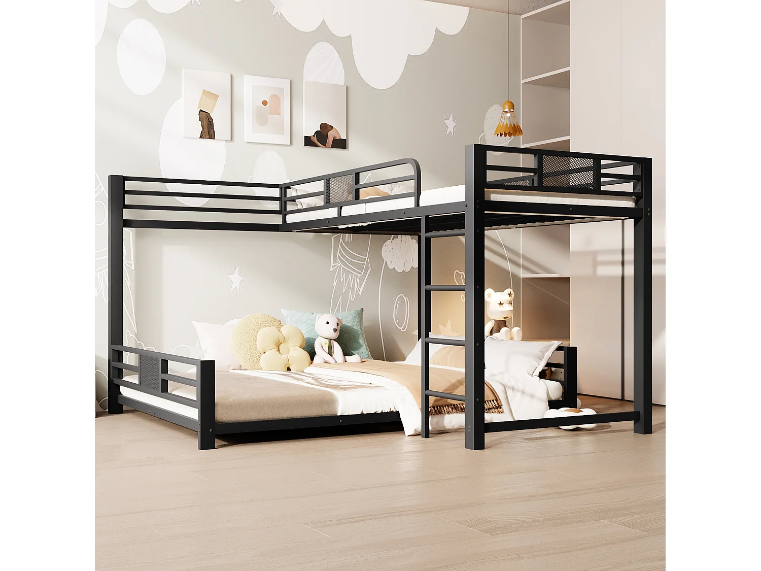 Lit superposé en métal en forme de L pour enfant - 90 x 200 cm + 140 x 200 cm - métal - noir