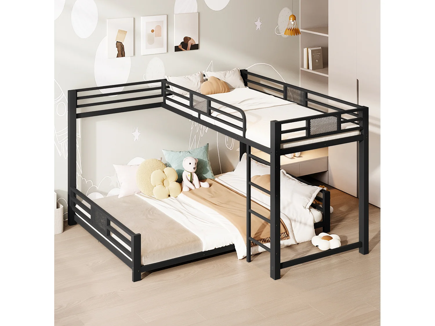 Lit superposé en métal en forme de L pour enfant - 90 x 200 cm + 140 x 200 cm - métal - noir