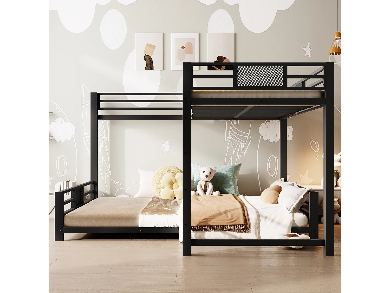 Lit superposé en métal en forme de L pour enfant - 90 x 200 cm + 140 x 200 cm - métal - noir