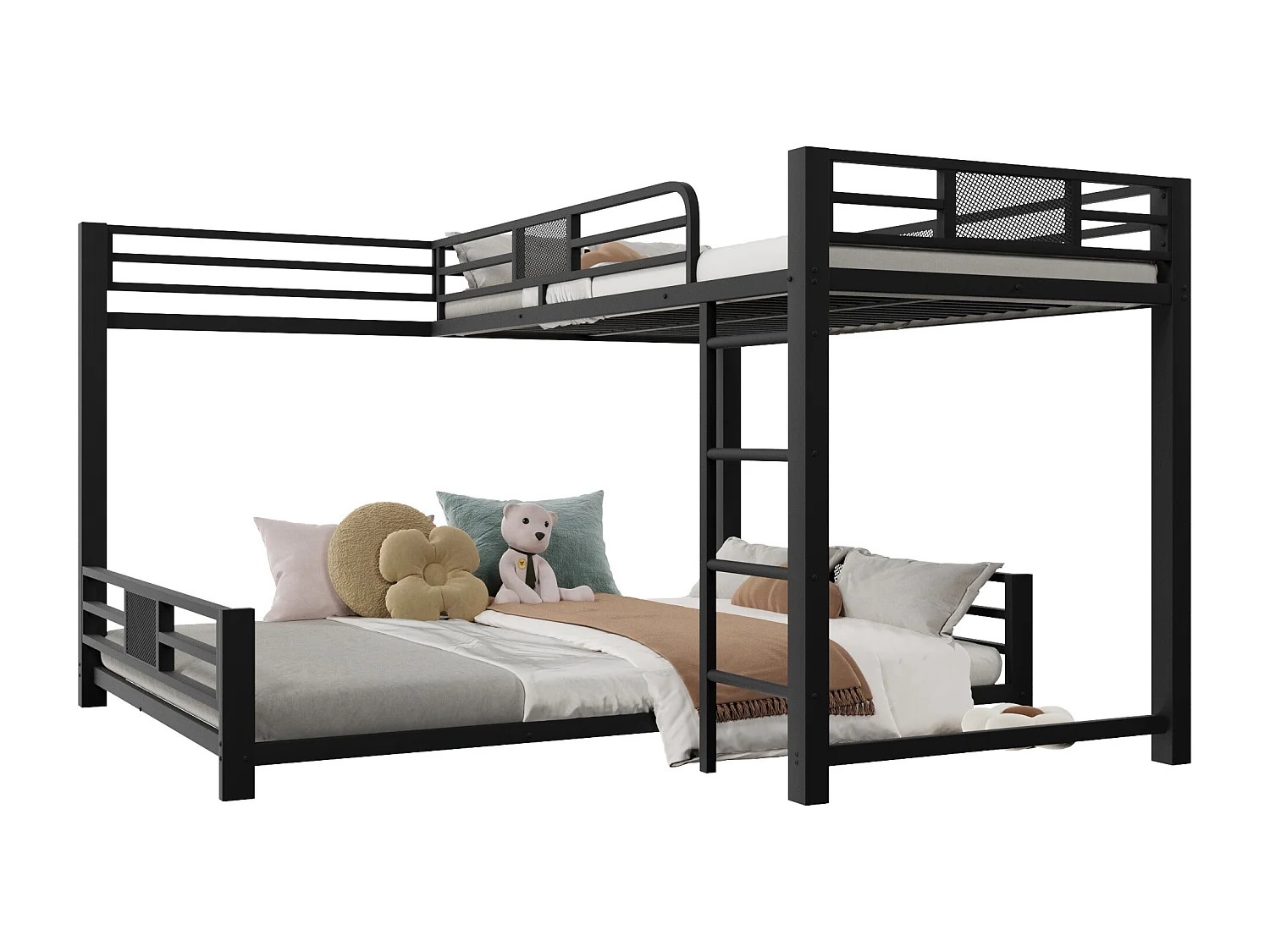 Lit superposé en métal en forme de L pour enfant - 90 x 200 cm + 140 x 200 cm - métal - noir