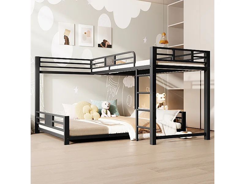 Lit superposé en métal en forme de L pour enfant - 90 x 200 cm + 140 x 200 cm - métal - noir