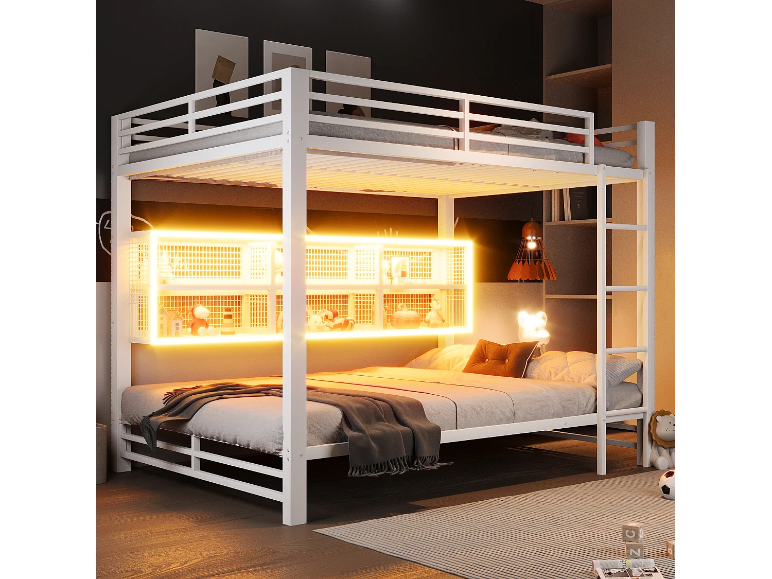 Lit superposés pour enfant - 2 x 140 x 200 cm - avec étagère de rangements + Leds - métal - blanc