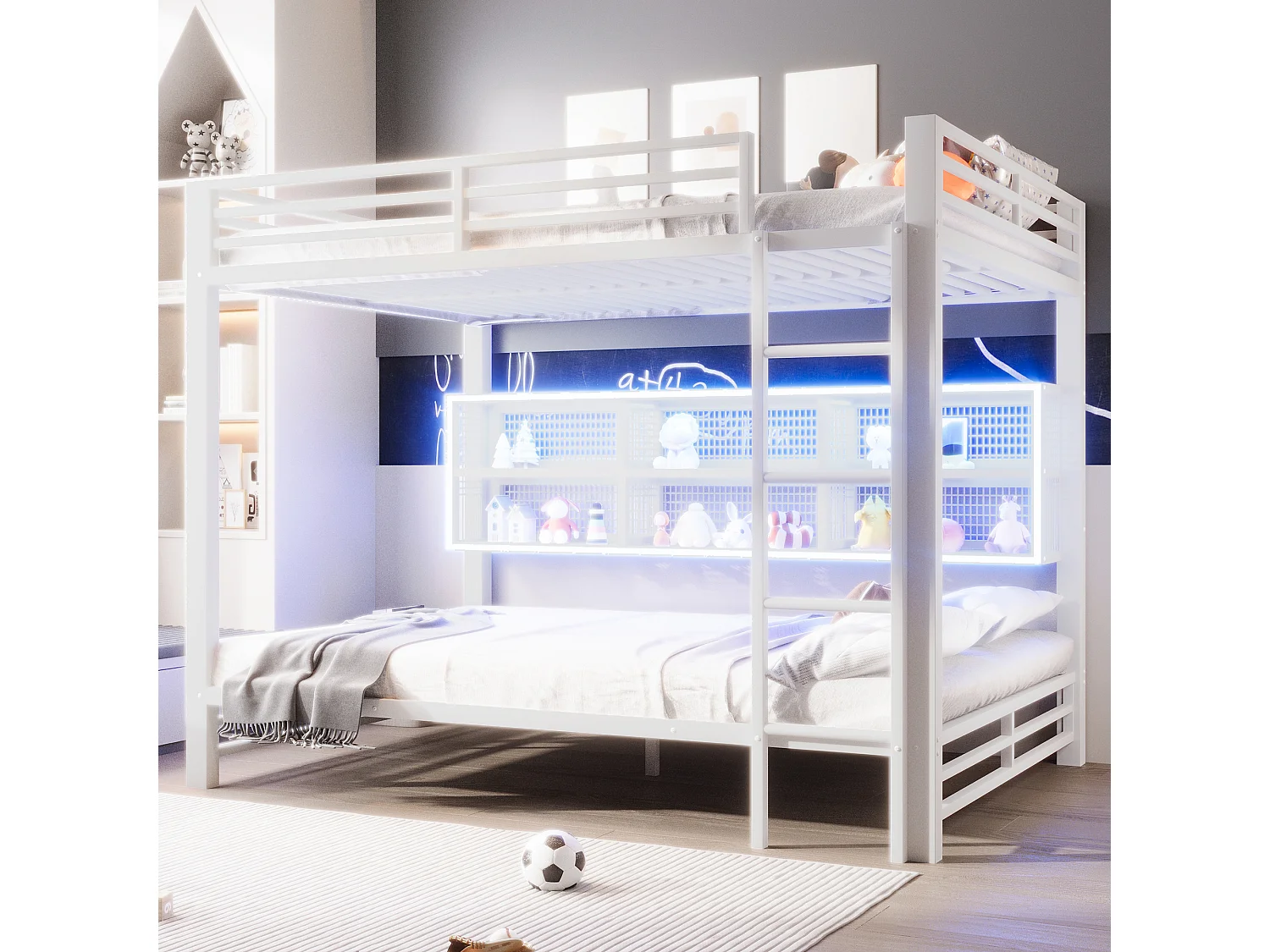 Lit superposés pour enfant - 2 x 140 x 200 cm - avec étagère de rangements + Leds - métal - blanc