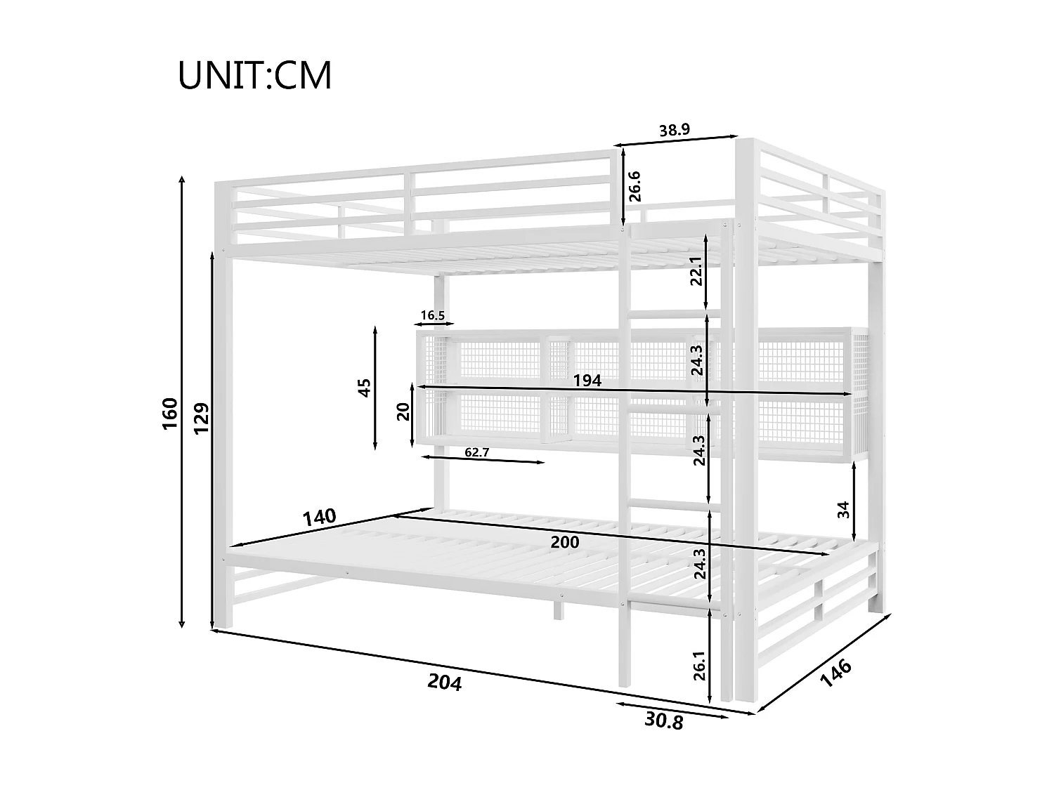 Lit superposés pour enfant - 2 x 140 x 200 cm - avec étagère de rangements + Leds - métal - blanc