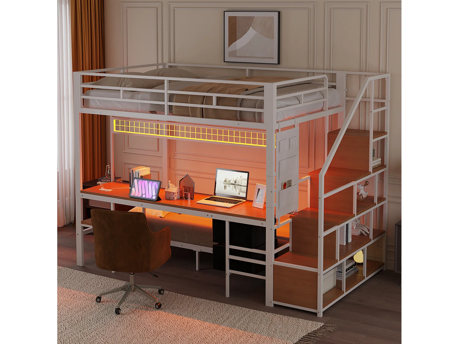 Lit superposés en métal enfant - 140 x 200 cm + 90 x 200 cm - avec bureau + Leds + escalier de rangement - bois + Métal - blanc