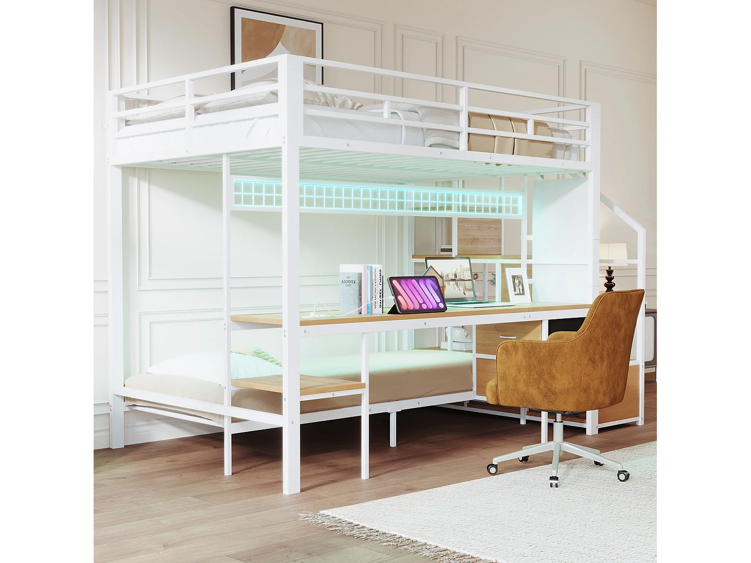 Lit superposés en métal enfant - 140 x 200 cm + 90 x 200 cm - avec bureau + Leds + escalier de rangement - bois + Métal - blanc