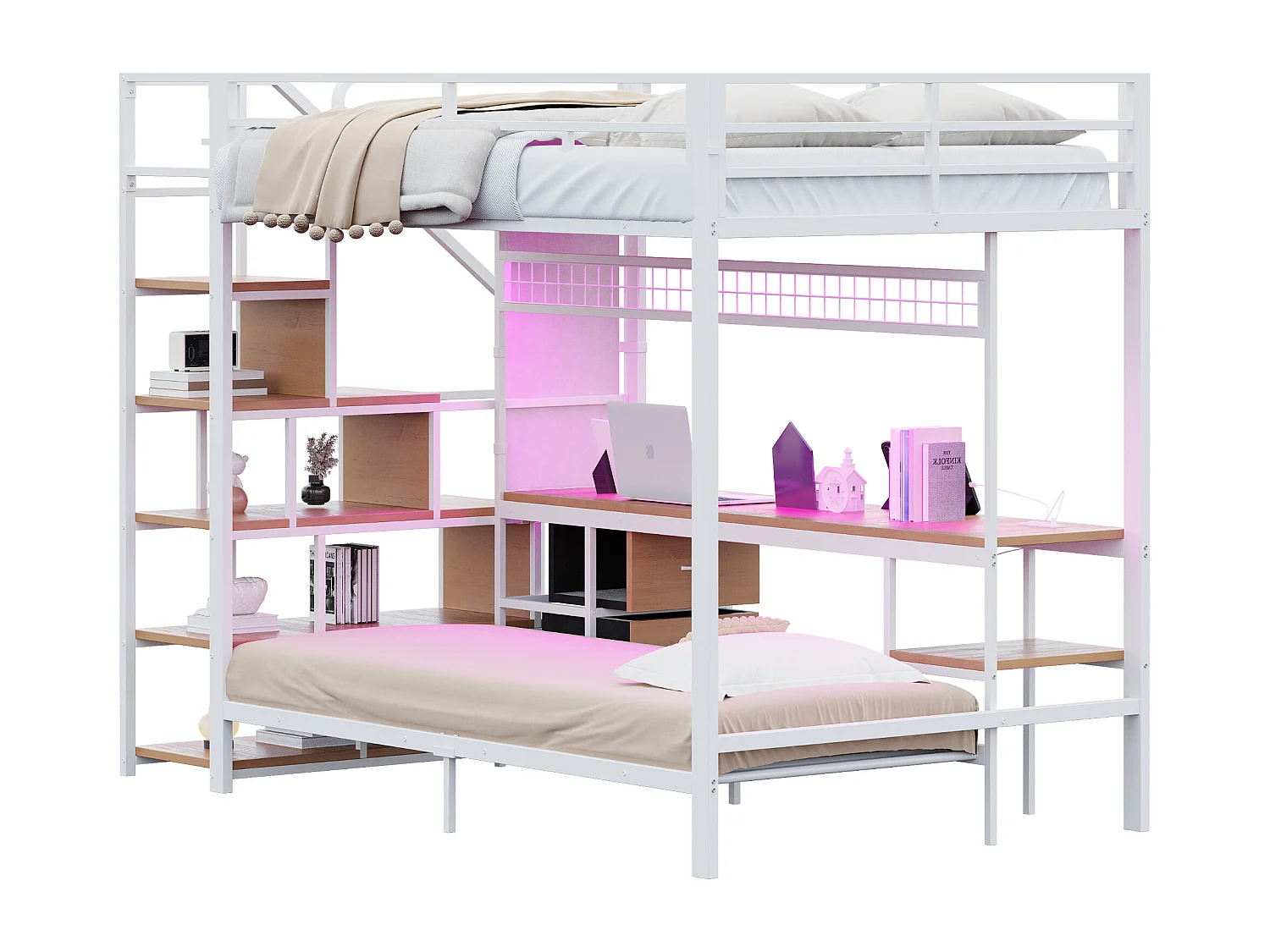 Lit superposés en métal enfant - 140 x 200 cm + 90 x 200 cm - avec bureau + Leds + escalier de rangement - bois + Métal - blanc