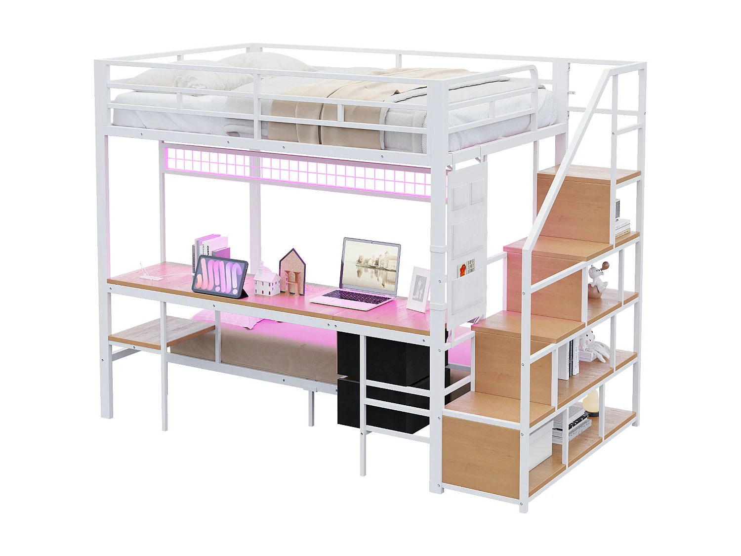 Lit superposés en métal enfant - 140 x 200 cm + 90 x 200 cm - avec bureau + Leds + escalier de rangement - bois + Métal - blanc