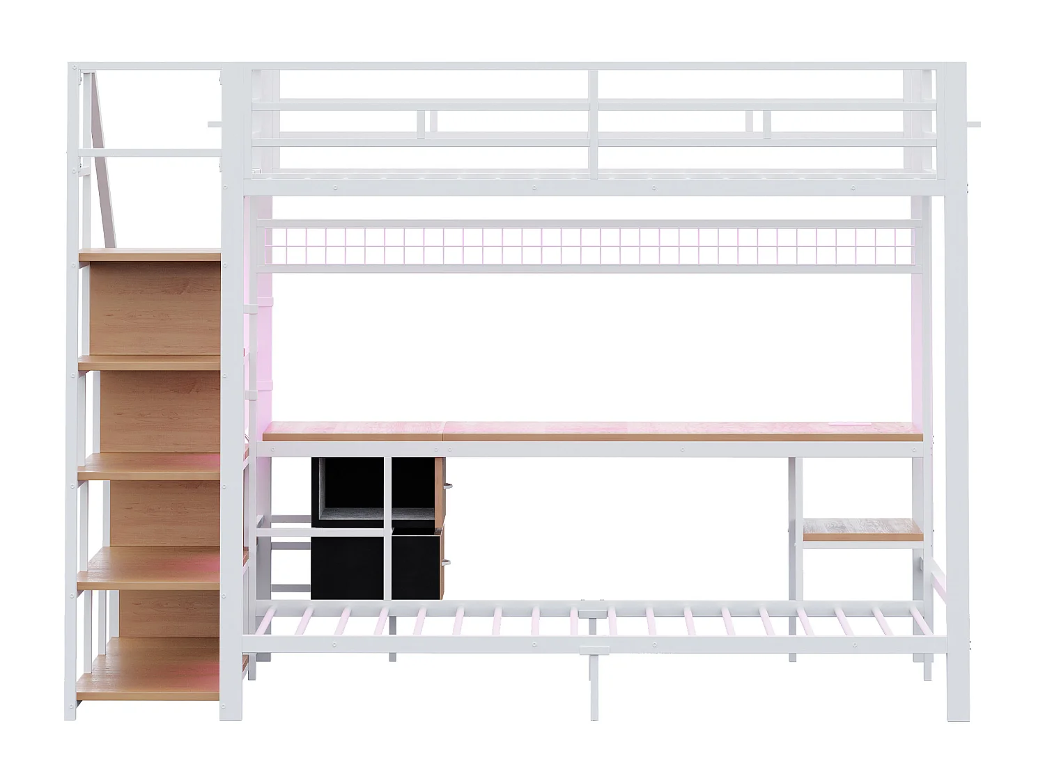 Lit superposés en métal enfant - 140 x 200 cm + 90 x 200 cm - avec bureau + Leds + escalier de rangement - bois + Métal - blanc