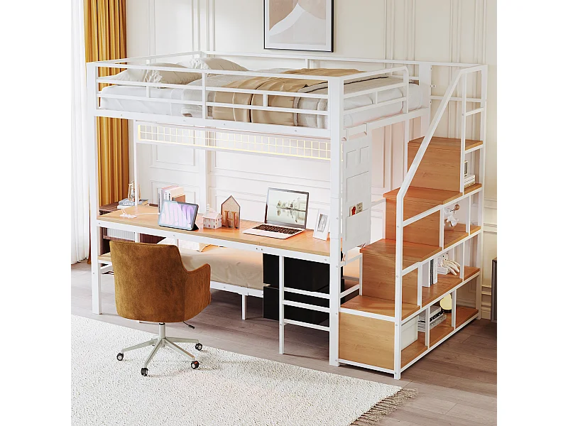 Lit superposés en métal enfant - 140 x 200 cm + 90 x 200 cm - avec bureau + Leds + escalier de rangement - bois + Métal - blanc