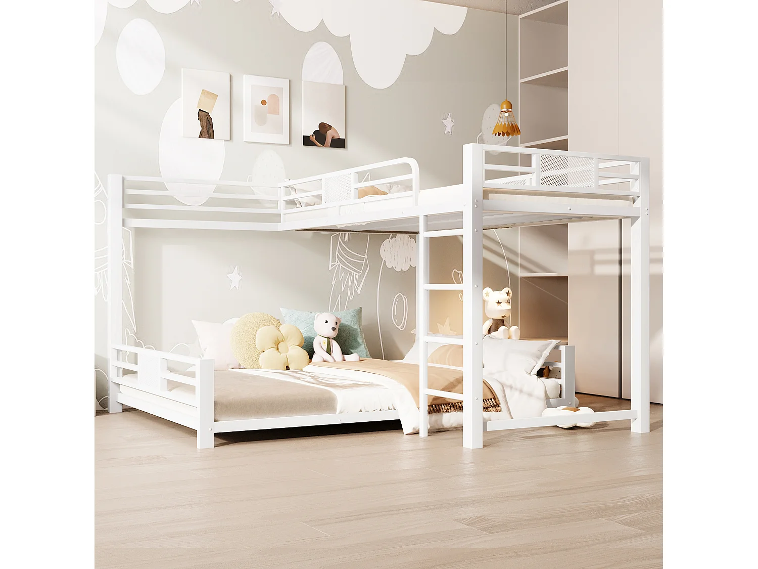 Lit superposé en métal en forme de L pour enfant - 90 x 200 cm + 140 x 200 cm - métal - blanc