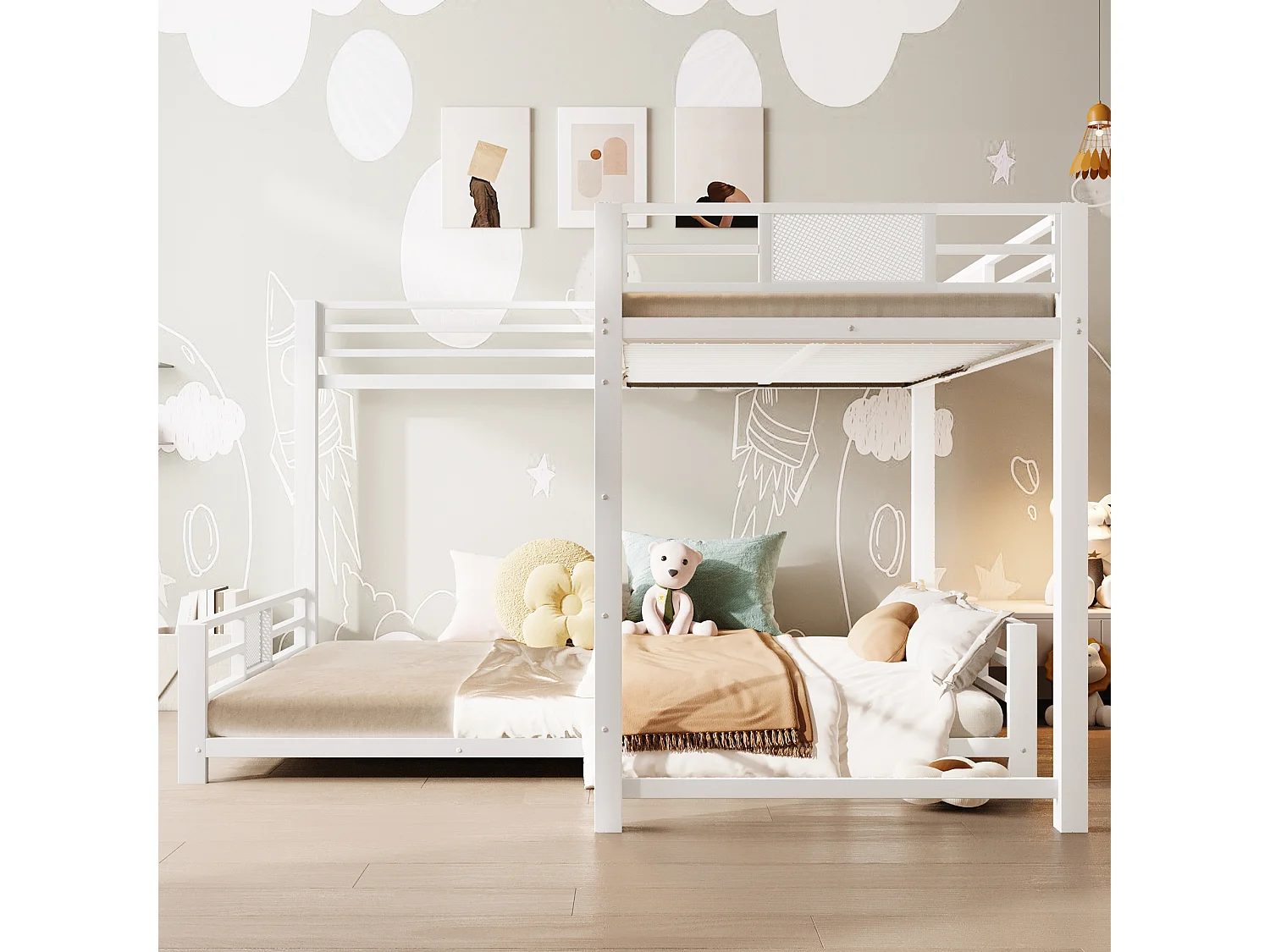 Lit superposé en métal en forme de L pour enfant - 90 x 200 cm + 140 x 200 cm - métal - blanc