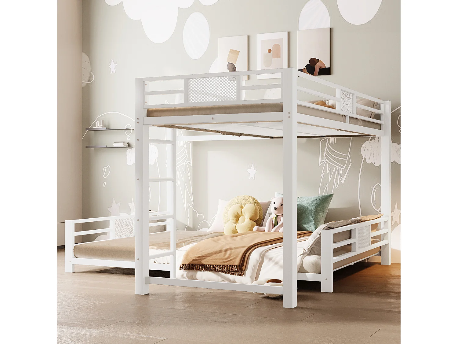 Lit superposé en métal en forme de L pour enfant - 90 x 200 cm + 140 x 200 cm - métal - blanc