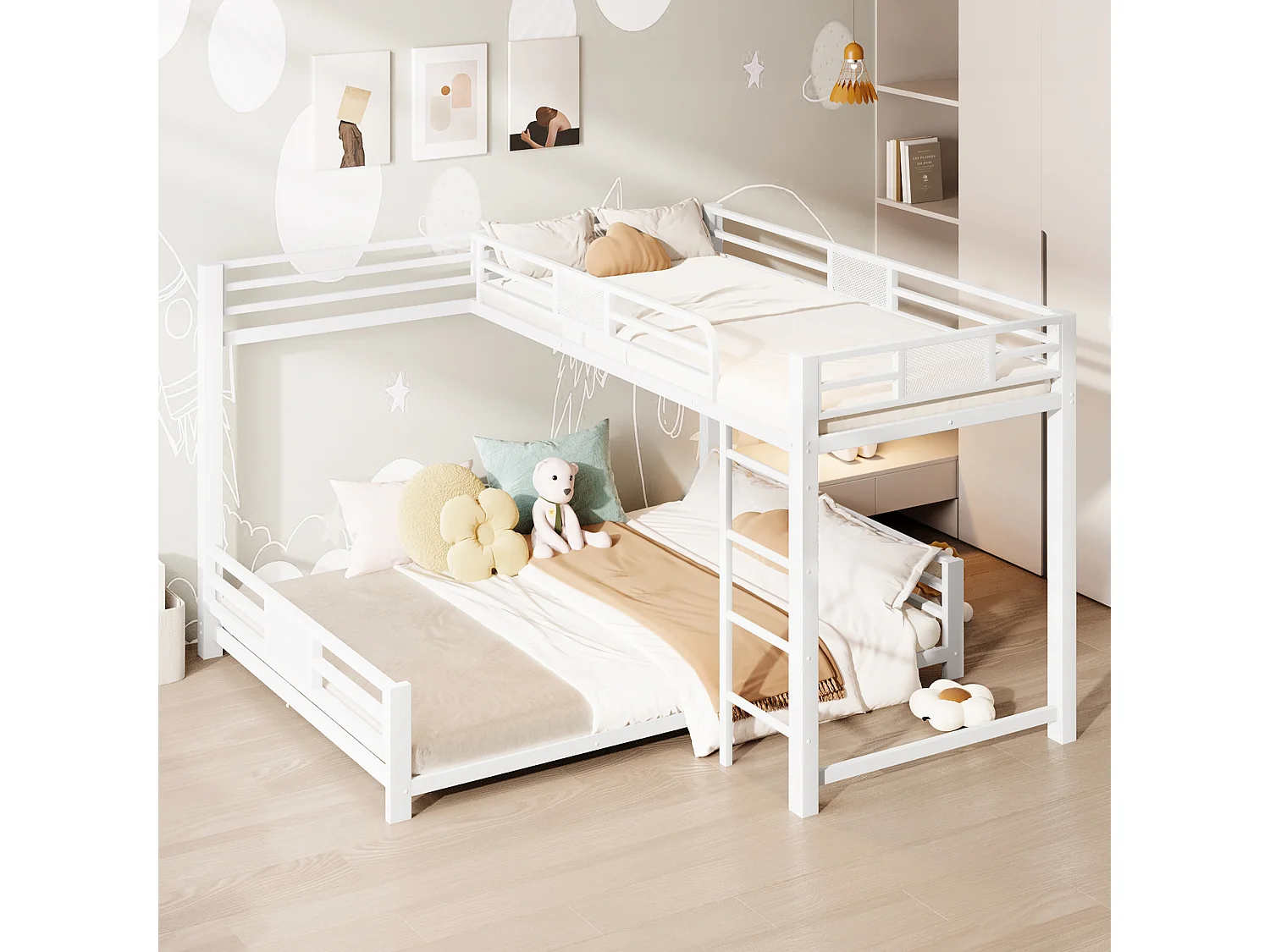 Lit superposé en métal en forme de L pour enfant - 90 x 200 cm + 140 x 200 cm - métal - blanc