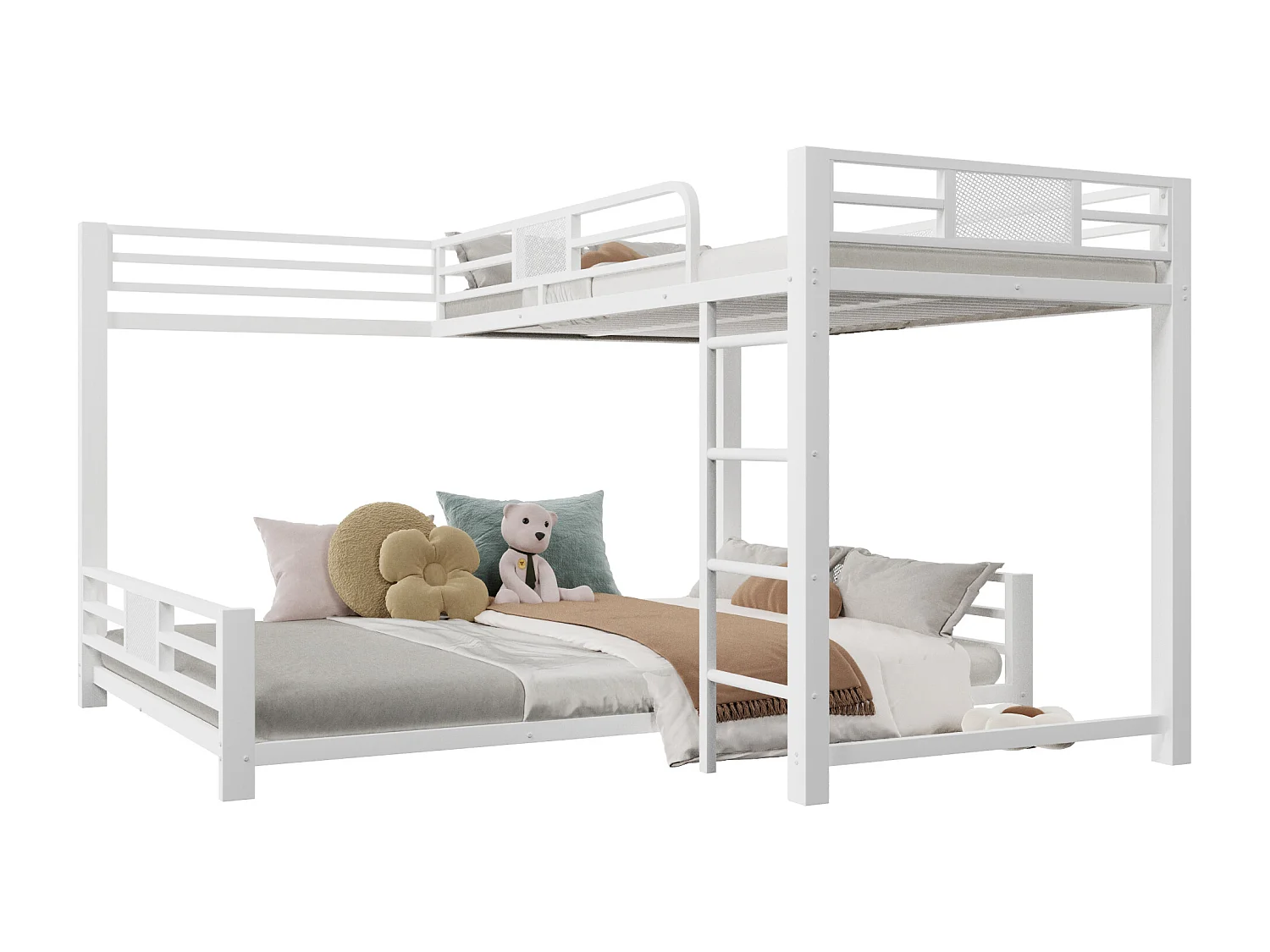 Lit superposé en métal en forme de L pour enfant - 90 x 200 cm + 140 x 200 cm - métal - blanc