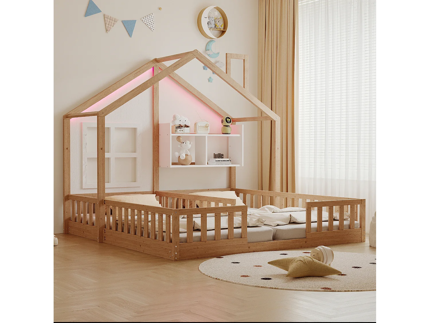 Lit plat pour enfant - 2 x 90 x 200 cm - style maison avec fenêtres - avec Leds + étagères de rangement - bois + MDF - naturel