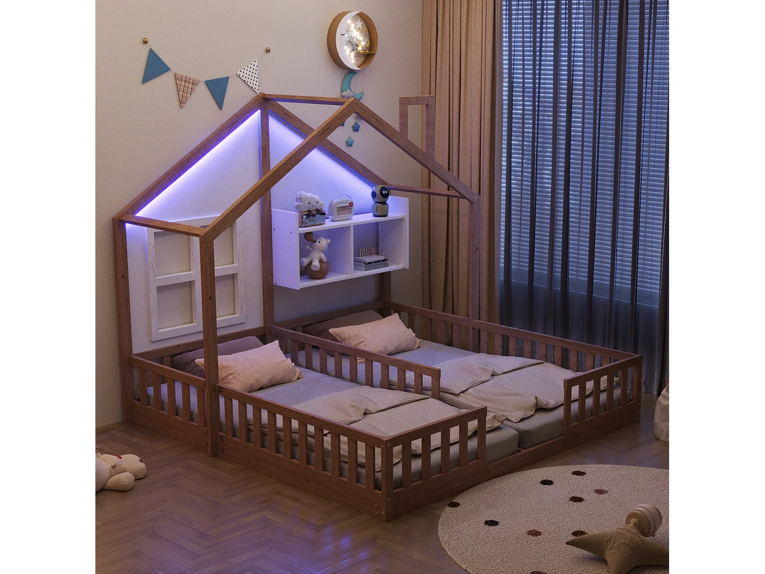 Lit plat pour enfant - 2 x 90 x 200 cm - style maison avec fenêtres - avec Leds + étagères de rangement - bois + MDF - naturel