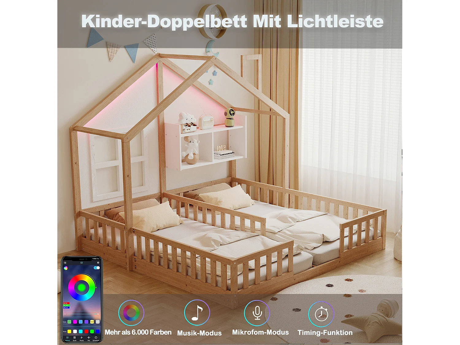 Lit plat pour enfant - 2 x 90 x 200 cm - style maison avec fenêtres - avec Leds + étagères de rangement - bois + MDF - naturel